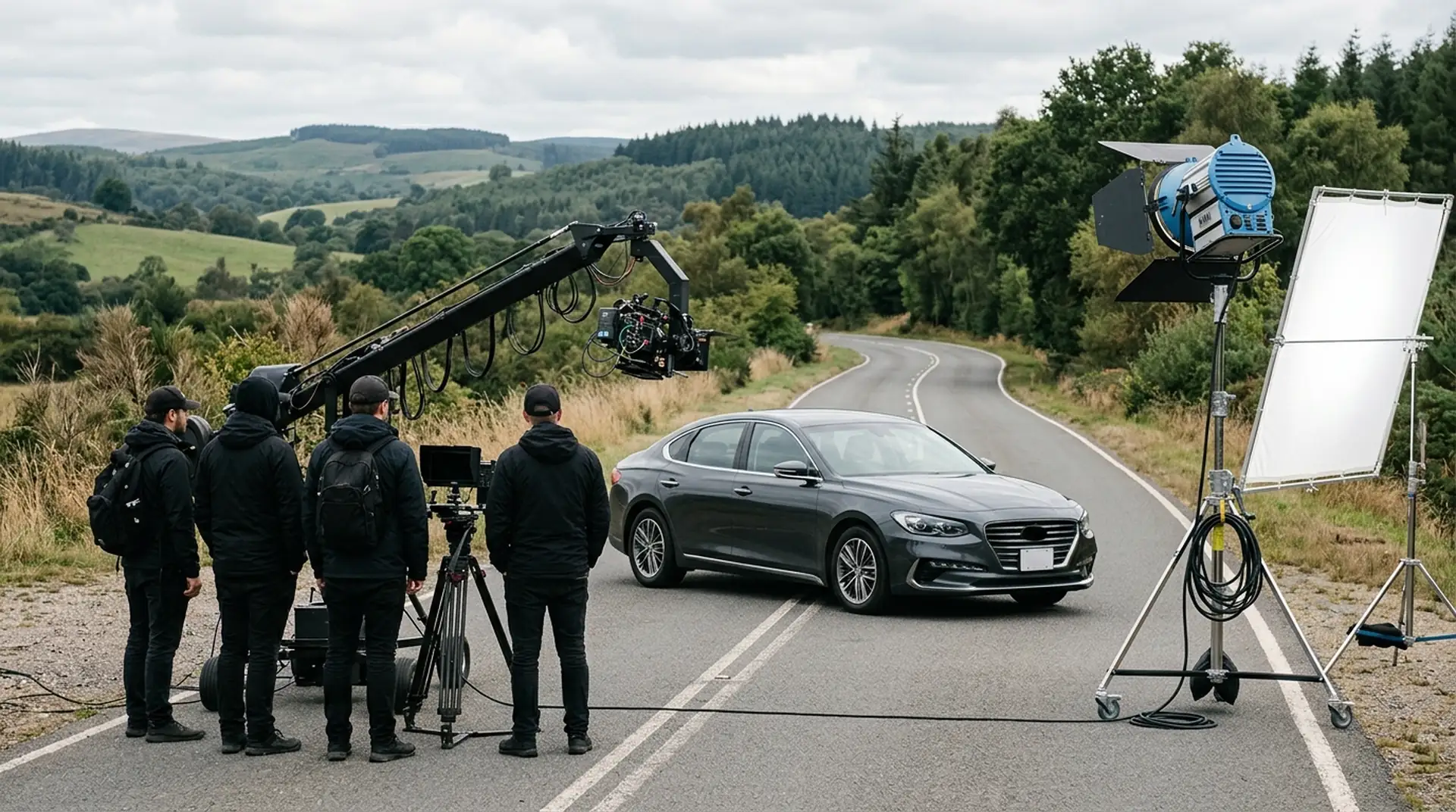 Filmdreh mit einem Fahrzeug im Freien (KI-generiert)