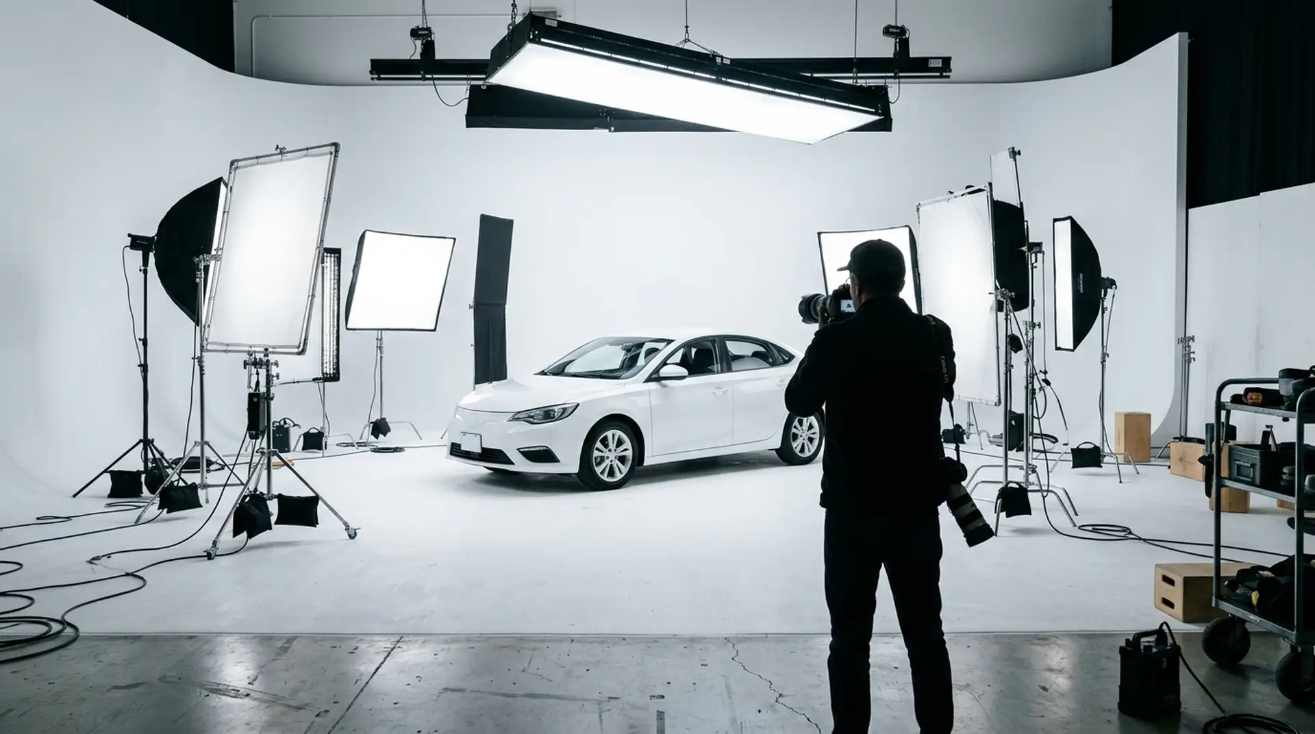 Fahrzeug im Fotostudio mit Lichtaufbau (KI-generiert)