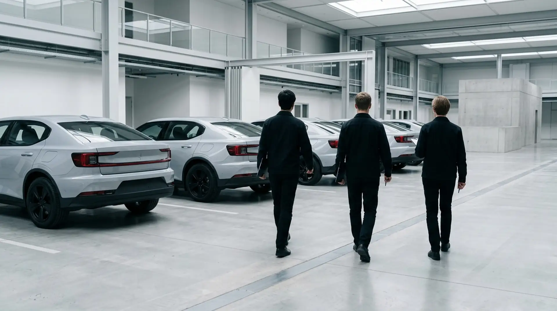 Fahrzeuge nebeneinander in einer hellen Halle während einer Studie (KI-generiert)