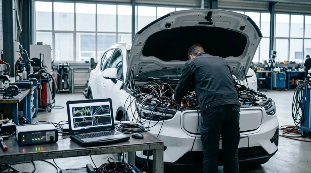 Messtechnik und Laptop an einem Fahrzeug in der Entwicklungswerkstatt (KI-generiert)