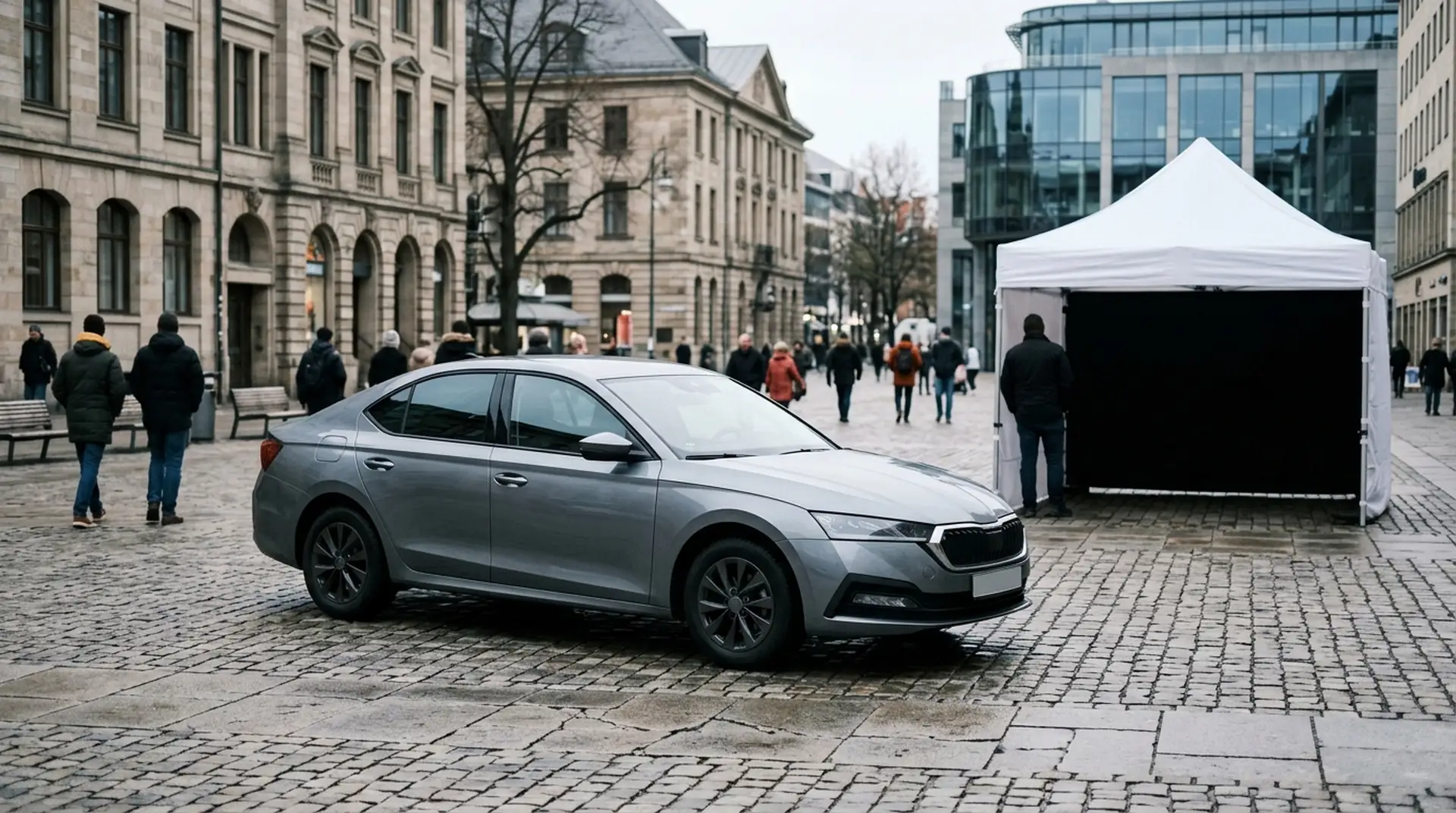 Fahrzeug bei einer Promotionaktion auf einem Stadtplatz (KI-generiert)