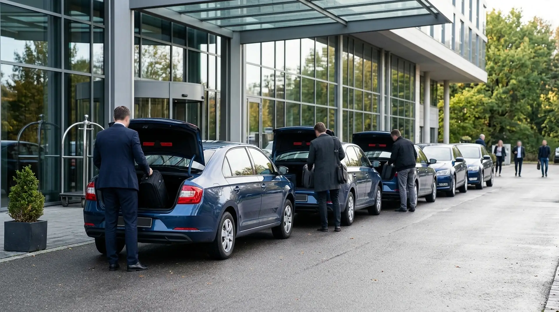 Fahrzeugflotte vor einem Tagungshotel für eine Schulungstour (KI-generiert)