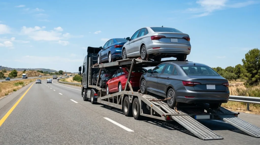 Autotransporter mit Fahrzeugen auf der Autobahn (KI-generiert)